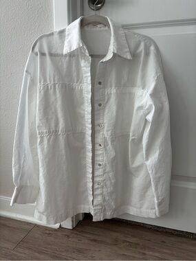 Commense Women's Cotton Linen Button Up Oversized Shirt Top White M Long Sleeve